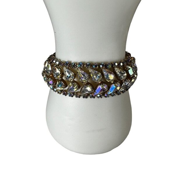 VTG Weiss Bracelet Size 7.5 Double Row Rainbow AB Rhinestones Gold Plated Signed - Picture 10 of 12